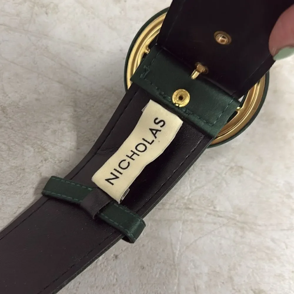 NICHOLAS Green Leather Belt with Brass Buckle - Lightweight Belt NWOT